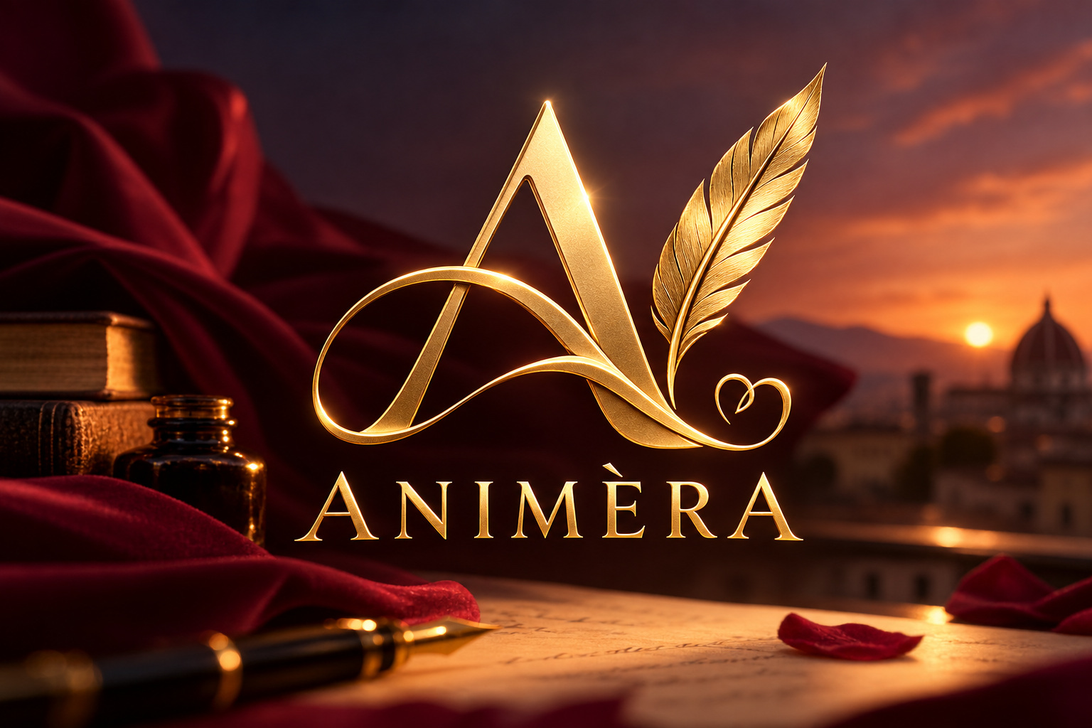 Animèra: il monogramma A dorato con piuma e il nome Animèra in oro, davanti a un tramonto caldo